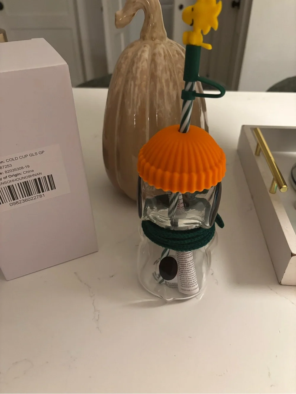 Starbucks Clear Bear Cold Cup with Orange Lid and Green Scarf